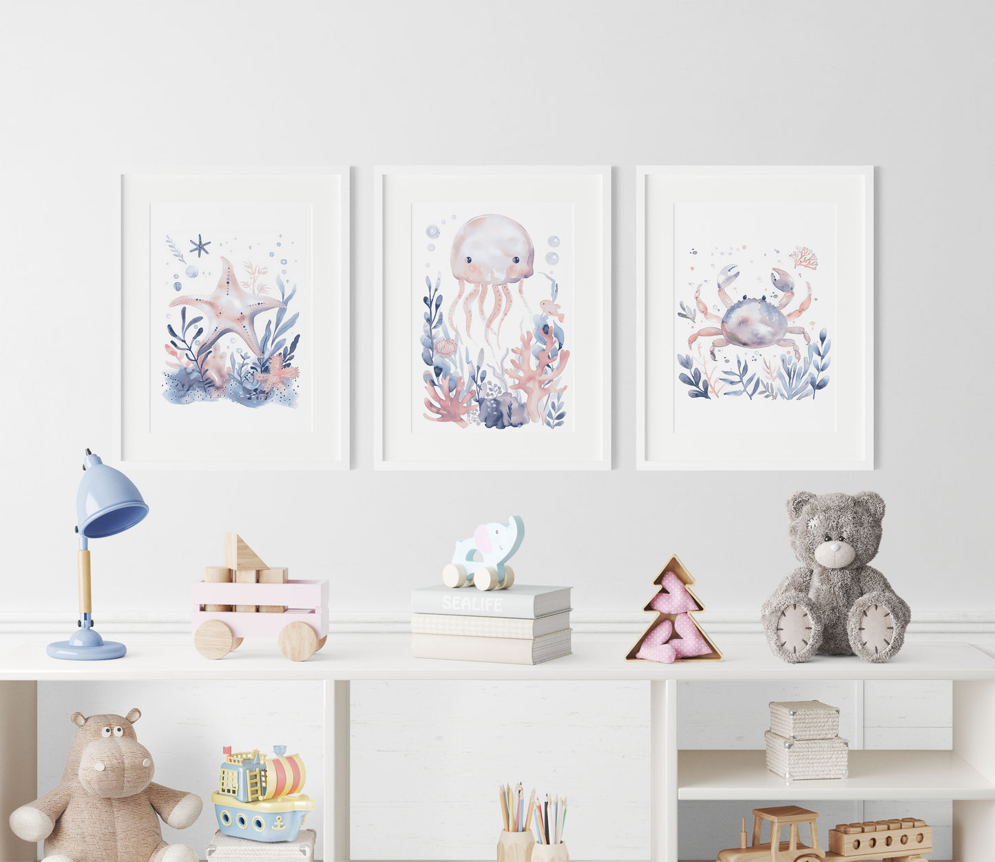 Blue Creatures Nursery Wall Art Set of 3 Framed Prints