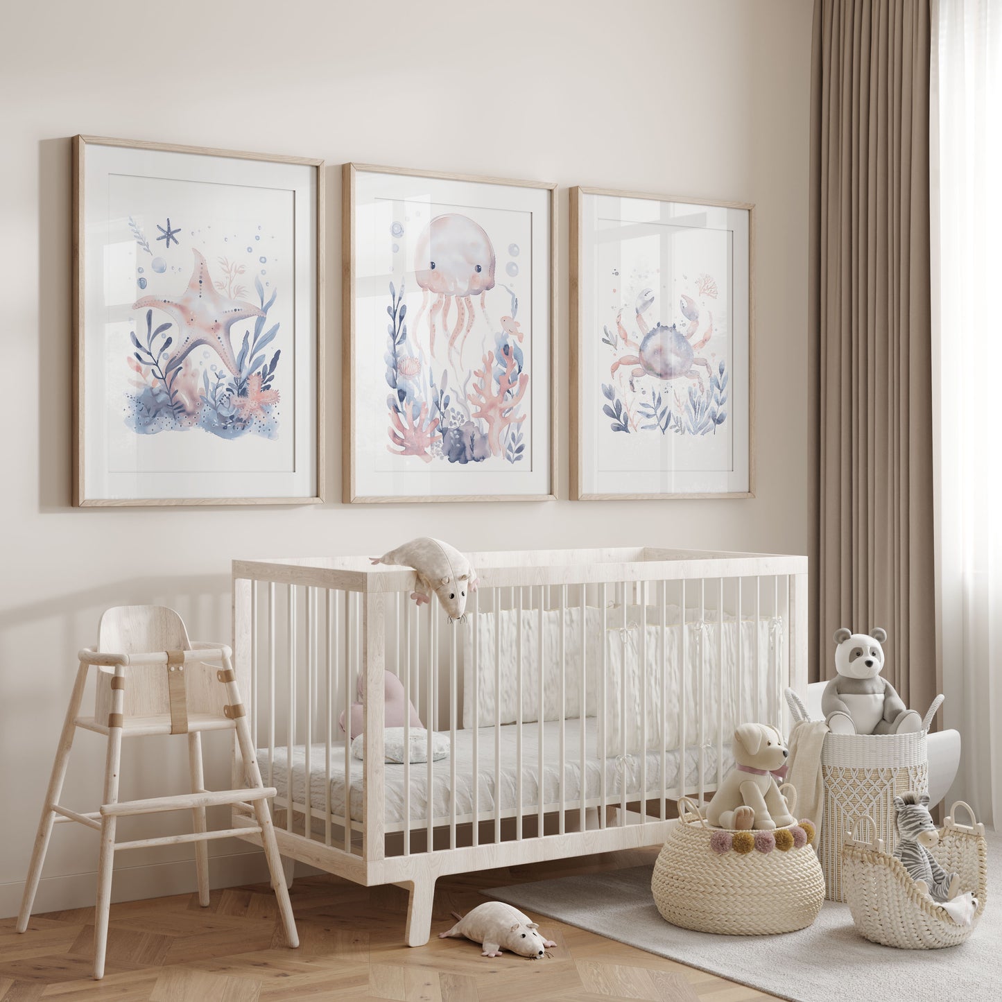 Blue Creatures Nursery Wall Art Set of 3 Framed Prints