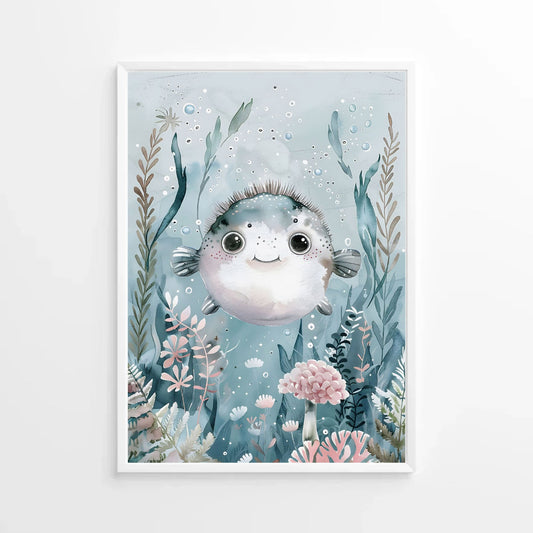 cute watercolor illustration of a puffer fish in the ocean