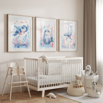 Blue Turtle Seal and Whale Nursery Wall Art Set of 3 Prints