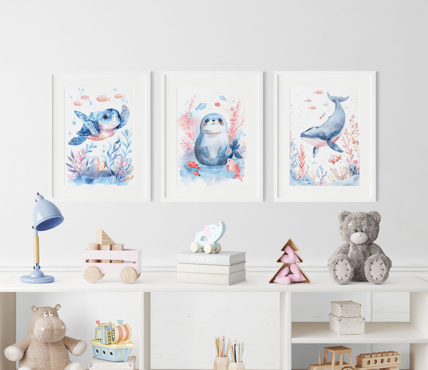 Blue Turtle Seal and Whale Nursery Wall Art Set of 3 Prints