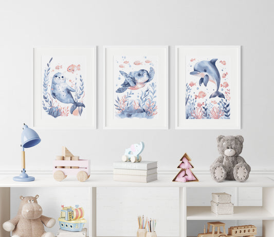 Seal Dolphin and Turtle Nursery Wall Art Set