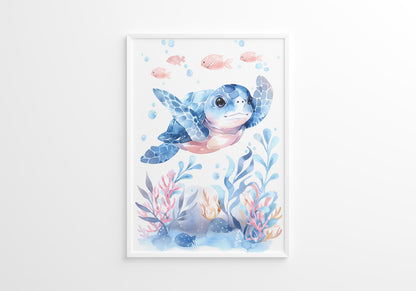 Blue Turtle Seal and Whale Nursery Wall Art Set of 3 Prints