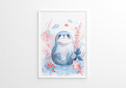 Blue Turtle Seal and Whale Nursery Wall Art Set of 3 Prints
