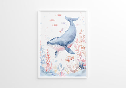 Blue Turtle Seal and Whale Nursery Wall Art Set of 3 Prints